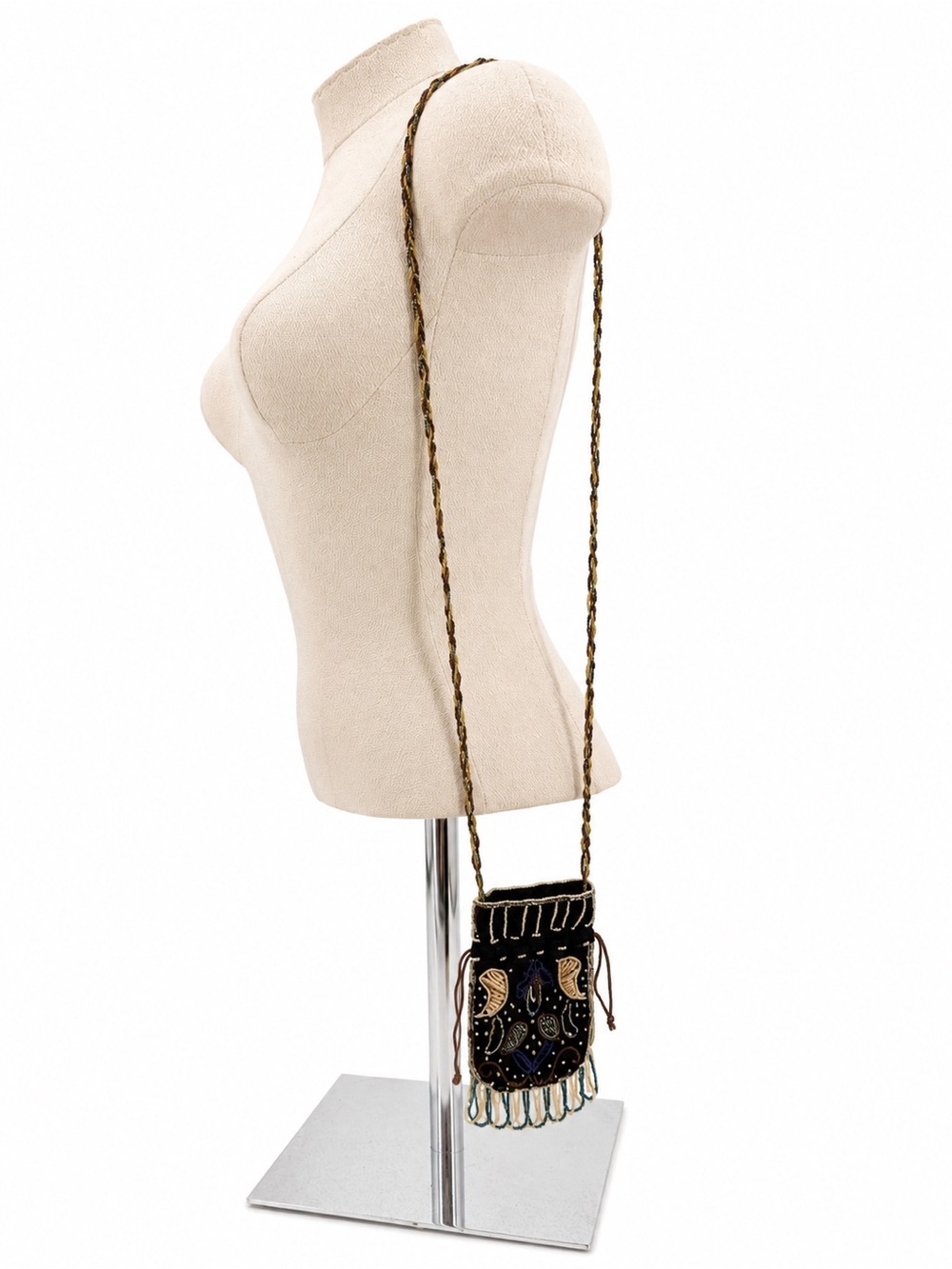 Vintage Beaded Mini Crossbody Purse Black Drawstring Fringe Bag
